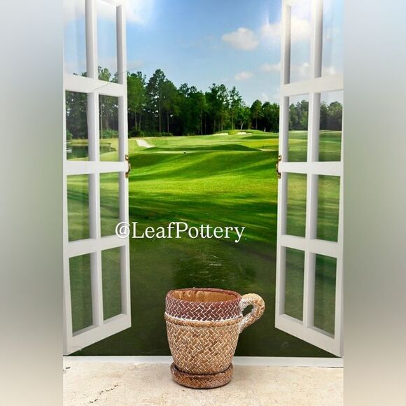 Brown Rattan Mug Stone Planter Pot with Saucer Included - Picture 2 of 10